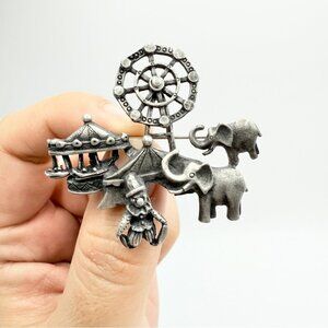 L Razza Signed Silver tone Circus Tents Clown Ferris Wheel Elephant Pin Brooch